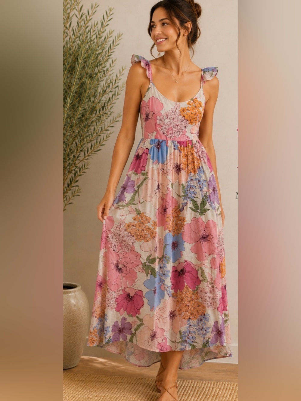 Lovestitch Floral Maxi Dress Open Back Tie Cotton Boho Cottagecore Size Small
